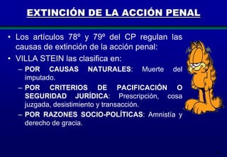 EXTINCIÓN DE LA ACCIÓN PENAL
• Los artículos 78º y 79º del CP regulan las
causas de extinción de la acción penal:
• VILLA STEIN las clasifica en:
– POR CAUSAS NATURALES: Muerte del
imputado.
– POR CRITERIOS DE PACIFICACIÓN O
SEGURIDAD JURÍDICA: Prescripción, cosa
juzgada, desistimiento y transacción.
– POR RAZONES SOCIO-POLÍTICAS: Amnistía y
derecho de gracia.

46

 