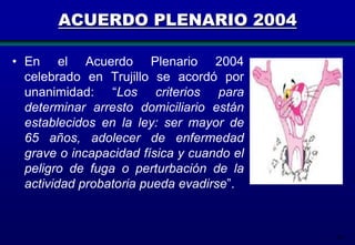 ACUERDO PLENARIO 2004
• En el Acuerdo Plenario 2004
celebrado en Trujillo se acordó por
unanimidad: “Los criterios para
determinar arresto domiciliario están
establecidos en la ley: ser mayor de
65 años, adolecer de enfermedad
grave o incapacidad física y cuando el
peligro de fuga o perturbación de la
actividad probatoria pueda evadirse”.

99

 