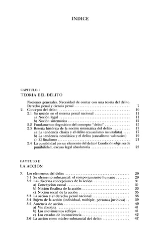 ÍNDICE




CAPITULO I
TEORÍA DEL DELITO
     Nociones generales. Necesidad de contar con una teoría del delito.
     Derecho penal y ciencia penal                                               7
2.   Concepto del delito                                                        10
     2.1 Su noción en el sistema penal nacional                                 11
         a) Noción legal                                                        II
         b) Noción sistemática                                                  12
     2.2 Fundamento dogmático del concepto "delito"                             15
     2.3 Reseña histórica de la noción sistemática del delito                   17
         a) La tendencia clásica y el delito (causalismo naturalista) . . . .   17
         b) La tendencia neoclásica y el delito (causalismo valorativo)         19
         c) El fmalismo                                                         21
     2.4 La punibilidad ¿es un elemento del delito? Condición objetiva de
         punibilidad, excusa legal absolutoria                                  25



CAPITULO II
LA A C C I Ó N

3.   Los elementos del delito                                                   29
     3.1 Su elemento substancial: el comportamiento humano                      29
     3.2 Las diversas concepciones de la acción                                 31
         a) Concepción causal                                                   31
         b) Noción finalista de la acción                                       33
         c) Noción social de la acción                                          35
     3.3 La acción y el derecho penal nacional                                  36
     3.4 Sujeto de la acción (individual, múltiple, personas jurídicas) ..      39
     3.5 Ausencia de acción                                                     40
         a) Vis absoluta                                                        41
         b) Los movimientos reflejos                                            41
         c) Los estados de inconsciencia                                        42
     3.6 La acción como núcleo substancial del delito                           42
 