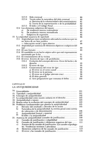 12.3.3    Dolo eventual                                             80
          12.3.4    Teoría sobre la naturaleza del dolo eventual              80
                    a) Doctrina de la voluntariedad o del consentimiento      81
                    b) Teoría de la representación o de la probabilidad       82
          12.3.5 El dolo y el Código Penal                                    82
    12.4 Los elementos subjetivos del injusto                                 84
          a)     De tendencia interna trascendente                            85
          b)     De tendencia interna intensificada                           85
          c)     Subjetivos de expresión                                      86
13. La atipicidad (ausencia de tipicidad)                                     86
    13.1 Atipicidad por estar socialmente adecuada la conducta o por no
          ser lesiva de un bien jurídico                                       87
          — Adecuación social y tipos abiertos                                 88
    13.2 Atipicidad por ausencia de elementos objetivos o subjetivos del
          tipo                                                                 89
    13.3 El caso fortuito                                                      89
    13.4 El cuasidelito es un hecho atípico salvo que esté expresamente
          sancionado por la ley                                               91
    13.5 El consentimiento de la víctima                                      91
    13.6 El error. Errores de tipo y de prohibición                           92
          13.6.1 Evolución del concepto del error. Error de hecho y de
                    derecho                                                    93
          13.6.2 El error de tipo                                              93
          13.6.3 Consecuencias del error de tipo                               94
                    a) El error en el curso causal                             95
                    b) El error en la persona                                  96
                    c) El error en el golpe (aberratio ictiis)                  98
                    d) El dolxis generalis                                      99
                    e) Acto preparatorio que consuma el delito                100

CAPITULO IV
LA ANTIJURIDICIDAD
^^' Generalidades                                                             101
15. Tipicidad y antijuridicidad                                               101
16. Concepto de antijuridicidad                                               102
17. La antijuridicidad como noción unitaria en el derecho                     103
18. Antijuridicidad e injusto                                                 103
19. Reseña sobre la evolución del concepto de antijuridicidad                 103
20. Problemas fundamentales que plantea la antijuridicidad                    105
    a)    Desvalor del resultado y des valor de la acción                     105
    b)    Naturaleza de la antijuridicidad. La norma penal como norma
          de valoración o de determinación                                    106
    ^^    Antijuridicidad formal y material                                   107
    "'    El dolo y la antijuridicidad                                        108
21. Ausencia de antijuridicidad (causales de justificación)                   109
    a)    Causales de justificación y culpabilidad                            110
    b)    Causales de justificación y elementos negativos del tipo            111
    c)    Fuentes de las causales de justificación. Las causales supralega-
          les. Tendencias monistas y pluralistas                              112
    d)    Elementos subjetivos de las causales de justificación               113
    e)    El error y las causales de justificación                            115
 