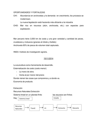 OPORTUNIDADES Y FORTALEZAS
CHI : Abundancia en anchovetas y la demanda en crecimiento, los procesos se
modernizan.
La nueva legislación está haciendo más eficiente a la industria
CHO: Mar rico en recursos (atún, anchoveta, etc.) con especies para
explotación.
Mar peruano tiene 3,000 km de costa y una gran variedad y cantidad de peces,
crustáceos y moluscos (gracias al nitrato y fosfato)
Anchoveta 85% de pesca de volumen total capturado.
INIEA: Instituto de investigación agraria.
15/11/2014
La acuicultura como herramienta de desarrollo.
Externalización de costo (costo menor)
- La mano de obra.
- Venta al por menor del precio
Donde vienen las cosas que compramos y a donde va.
Economía de producto
Extracción
Recursos Naturales Extracción
Sistema lineal en un planeta finito los recursos son finitos
Hay Sistema Lineal Estadio
Recursos
Naturales Transf. an Consumo Descarte
 