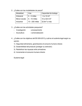 2. ¿Cuáles son las modalidades de pesca?
Modalidad Vías Capacidad de bodega
Artesanal
Menor escala
Industrial
0 – 5 millas
5 – 10 millas
10 – 200 millas
0 a 10 mt3
10 a 32.6 mt3
32.6m3 a más
3. ¿Cuáles son las actividades pesqueras?
- Investigación - procesamiento
- Acuicultura - comercialización
4. ¿Cuáles son los objetivos del DS 005-2012 y cuál es el sustenta legal según su
opinión
1) Seguridad alimentaria, garantizando el consumo humano directo
2) Sostenibilidad del producto (proteger su extinción)
3) Redistribuir las riquezas entre armadores
4) Incrementar el consumo humano directo
Sustento legal
 