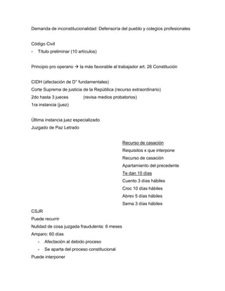 Demanda de inconstitucionalidad: Defensoría del pueblo y colegios profesionales
Código Civil
- Título preliminar (10 artículos)
Principio pro operario  la más favorable al trabajador art. 26 Constitución
CIDH (afectación de D° fundamentales)
Corte Suprema de justicia de la República (recurso extraordinario)
2do hasta 3 jueces (revisa medios probatorios)
1ra instancia (juez)
Última instancia juez especializado
Juzgado de Paz Letrado
Recurso de casación
Requisitos x que interpone
Recurso de casación
Apartamiento del precedente
Te dan 10 días
Cuento 3 días hábiles
Croc 10 días hábiles
Abrev 5 días hábiles
Sema 3 días hábiles
CSJR
Puede recurrir
Nulidad de cosa juzgada fraudulenta: 6 meses
Amparo: 60 días
- Afectación al debido proceso
- Se aparta del proceso constitucional
Puede interponer
 