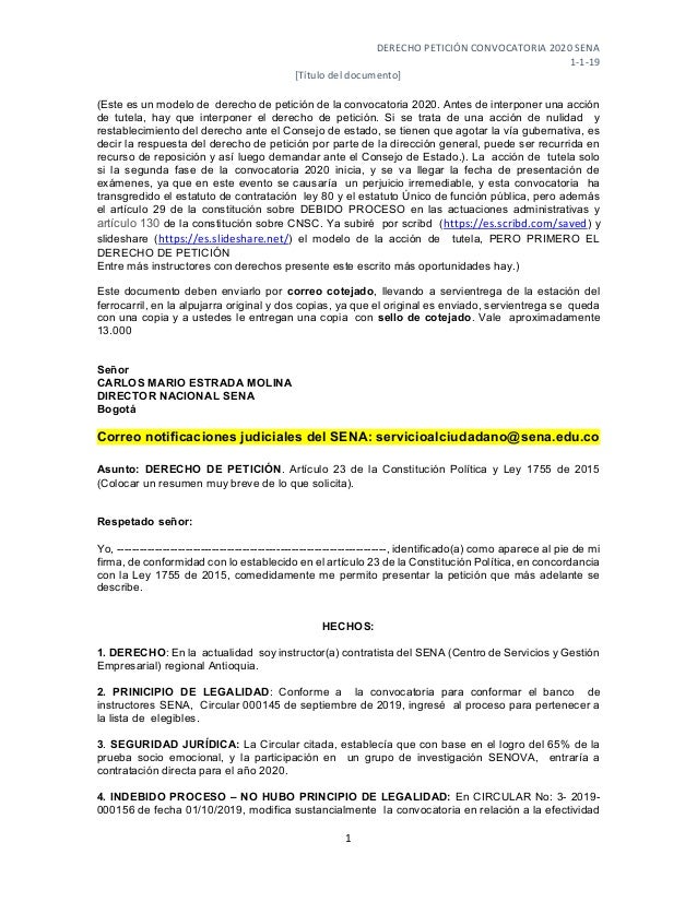 Derecho Peticion Convocatoria 2020 Sena