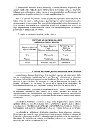 112
El primer criterio definitorio es el cuantitativo y se refiere al número de personas que
ejercen el gobierno o Poder. Será una monarquía si el dominio está en manos de un solo
individuo; una aristocracia si está en manos de un grupo selecto o una Timocracia, si el
poder lo ejerce el pueblo -en función todos ellos del Bien Común-.
Pero si el ejercicio del gobierno no está dirigido al cumplimiento de los objetivos de
todos, sino a los objetivos particulares de quienes imperan, las formas constitucionales
degeneran y se tornan impuras. Bajo este criterio de la cualidad política, la monarquía se
torna en tiranía, la aristocracia en oligarquía y la timocracia en democracia, cuando en
lugar de gobernarse en función del bien común se lo hace contemplando los intereses
personales de cada grupo gobernante.
El cuadro siguiente esquematiza los dos criterios:
Criterios de calidad política: Objetivos de la sociedad
La clasificación de acuerdo al criterio de la cantidad responde a la observación de lo
que es. La clasificación cualitativa señala lo que “debe ser”, introduciendo la valoración
en función de los objetivos perseguidos por el gobierno. No sólo se trata de observar y
describir el comportamiento del gobierno, sino que se debe juzgarlo de acuerdo a la
justicia y al Derecho en sus actos. Se plantea el problema de la justificación y la
legitimidad del Poder que se convertirá en un tema de la filosofía política clásica.
En el Renacimiento, Maquiavelo tomará la serie de las constituciones degeneradas
de Aristóteles, sosteniendo como principio de la política, que ésta “solo aspira a la
imposición del poder” -careciendo de otros fines y objetivos-. El dominio se transforma
así, en fin en sí mismo y sólo puede describirse sus características en función de criterios
cuantitativos.
En este Libro, Aristóteles señala que la mejor forma de gobierno no es una fórmula
aplicable a todas las polis. Cada pueblo merece una forma de gobierno que se adecue
a sus cualidades y condiciones. Sin embargo, recomienda formas mixtas que minimicen
los riesgos de cada sistema y puedan aprovechar sus ventajas de manera combinada.
Los Libros IV, V y VI tratan en detalle diferentes clases de constituciones históricas.
Sin embargo, y a pesar de haber sido contemporáneo y maestro de Alejandro Magno, el
Estagirita no dispensa una reflexión sobre el emprendimiento imperial del conquistador
Macedonio. Es probable que no haya querido abrir juicio sobre un proceso en pleno
desarrollo por falta de perspectiva histórica.
Formas de Gobierno
Puras
Objetivos de Bien Común
Número de los que
ejercen el Poder
Formas Impuras
Objetivos
Particulares
Monarquía TiraníaUno
OligarquíaAristocraciaAlgunos
Todos Democracia
CRITERIOS DE CANTIDAD POLITICA
(DISTRIBUCION DEL PODER)
Politeia o República
 