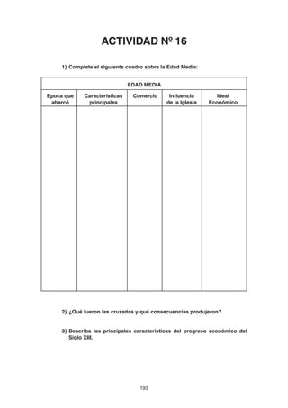 193
EDAD MEDIA
Ideal
Económico
Influencia
de la Iglesia
ComercioEpoca que
abarcó
1) Complete el siguiente cuadro sobre la Edad Media:
2) ¿Qué fueron las cruzadas y qué consecuencias produjeron?
3) Describa las principales características del progreso económico del
Siglo XIII.
Características
principales
ACTIVIDAD Nº 16
 