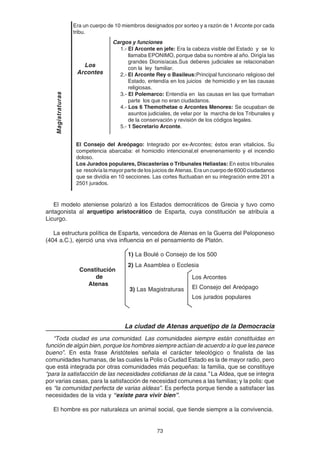 73
Los
Arcontes
Cargos y funciones
1.- El Arconte en jefe: Era la cabeza visible del Estado y se lo
llamaba EPONIMO, porque daba su nombre al año. Dirigía las
grandes Dionisíacas.Sus deberes judiciales se relacionaban
con la ley familiar.
2.- El Arconte Rey o Basileus:Principal funcionario religioso del
Estado, entendía en los juicios de homicidio y en las causas
religiosas.
3.- El Polemarco: Entendía en las causas en las que formaban
parte los que no eran ciudadanos.
4.- Los 6 Themothetae o Arcontes Menores: Se ocupaban de
asuntos judiciales, de velar por la marcha de los Tribunales y
de la conservación y revisión de los códigos legales.
5.- 1 Secretario Arconte.
El Consejo del Areópago: Integrado por ex-Arcontes; éstos eran vitalicios. Su
competencia abarcaba: el homicidio intencional,el envenenamiento y el incendio
doloso.
Los Jurados populares, Discasterías o Tribunales Heliastas: En estos tribunales
se resolvía la mayor parte de los juicios de Atenas. Era un cuerpo de 6000 ciudadanos
que se dividía en 10 secciones. Las cortes fluctuaban en su integración entre 201 a
2501 jurados.
Magistraturas
Era un cuerpo de 10 miembros designados por sorteo y a razón de 1 Arconte por cada
tribu.
1) La Boulé o Consejo de los 500
2) La Asamblea o Ecclesia
Constitución
de
Atenas
Los Arcontes
3) Las Magistraturas El Consejo del Areópago
Los jurados populares
El modelo ateniense polarizó a los Estados democráticos de Grecia y tuvo como
antagonista al arquetipo aristocrático de Esparta, cuya constitución se atribuía a
Licurgo.
La estructura política de Esparta, vencedora de Atenas en la Guerra del Peloponeso
(404 a.C.), ejerció una viva influencia en el pensamiento de Platón.
La ciudad de Atenas arquetipo de la Democracia
“Toda ciudad es una comunidad. Las comunidades siempre están constituidas en
función de algún bien, porque los hombres siempre actúan de acuerdo a lo que les parece
bueno”. En esta frase Aristóteles señala el carácter teleológico o finalista de las
comunidades humanas, de las cuales la Polis o Ciudad Estado es la de mayor radio, pero
que está integrada por otras comunidades más pequeñas: la familia, que se constituye
“para la satisfacción de las necesidades cotidianas de la casa.” La Aldea, que se integra
por varias casas, para la satisfacción de necesidad comunes a las familias; y la polis: que
es “la comunidad perfecta de varias aldeas”. Es perfecta porque tiende a satisfacer las
necesidades de la vida y “existe para vivir bien”.
El hombre es por naturaleza un animal social, que tiende siempre a la convivencia.
 