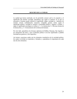 Universidad Católica de Santiago de Guayaquil
29
RESUMEN DE LA UNIDAD
La unidad que hemos analizado, nos ha permitido conocer cuál es la acepción y el
significado del término sociedad, aprendimos que según el contexto en el que se
encuentre el término puede referirse al significado vulgar, sociedad es sinónimo de
reunión, círculo, confederación, consorcio, compañía, gremio, unión; según el
significado político, sociedad se asimila a comunidad política y algunos a Estado; y
según el significado sociológico se refiere a: 1.- La interacción; 2.- Diversas formas de
la interacción; y, 3.- Consecuencias de la interacción humana.
Por otro lado, aprendimos las diversas opiniones de Hobbes, Rouseau, San Agustín y
los anarquistas del tema, y que el Derecho político le da dos significados a palabra
Sociedad uno genérico y otro específico.
Así mismo, conocimos cuáles son los elementos constitutivos de la sociedad política,
los cuales se dividen en materiales y formales; y, aprendimos la importancia de cada
uno de estos elementos.
 