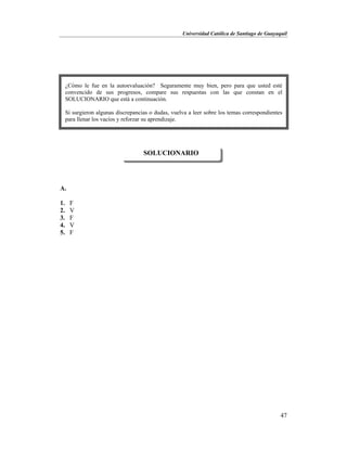 Universidad Católica de Santiago de Guayaquil
47
A.
1. F
2. V
3. F
4. V
5. F
SOLUCIONARIO
¿Cómo le fue en la autoevaluación? Seguramente muy bien, pero para que usted esté
convencido de sus progresos, compare sus respuestas con las que constan en el
SOLUCIONARIO que está a continuación.
Si surgieron algunas discrepancias o dudas, vuelva a leer sobre los temas correspondientes
para llenar los vacíos y reforzar su aprendizaje.
 