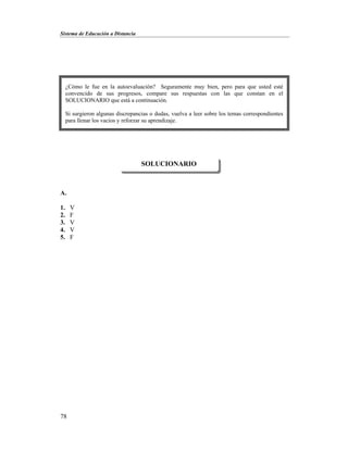 Sistema de Educación a Distancia
78
A.
1. V
2. F
3. V
4. V
5. F
SOLUCIONARIO
¿Cómo le fue en la autoevaluación? Seguramente muy bien, pero para que usted esté
convencido de sus progresos, compare sus respuestas con las que constan en el
SOLUCIONARIO que está a continuación.
Si surgieron algunas discrepancias o dudas, vuelva a leer sobre los temas correspondientes
para llenar los vacíos y reforzar su aprendizaje.
 