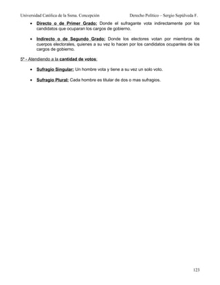 Universidad Católica de la Ssma. Concepción             Derecho Político – Sergio Sepúlveda F.
     •   Directo o de Primer Grado: Donde el sufragante vota indirectamente por los
         candidatos que ocuparan los cargos de gobierno.

     •   Indirecto o de Segundo Grado: Donde los electores votan por miembros de
         cuerpos electorales, quienes a su vez lo hacen por los candidatos ocupantes de los
         cargos de gobierno.

5º - Atendiendo a la cantidad de votos:

     •   Sufragio Singular: Un hombre vota y tiene a su vez un solo voto.

     •   Sufragio Plural: Cada hombre es titular de dos o mas sufragios.




                                                                                           123
 
