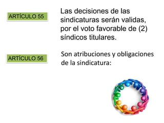 Las decisiones de las
sindicaturas serán validas,
por el voto favorable de (2)
síndicos titulares.
ARTÍCULO 55
ARTÍCULO 56
Son atribuciones y obligaciones
de la sindicatura:
 