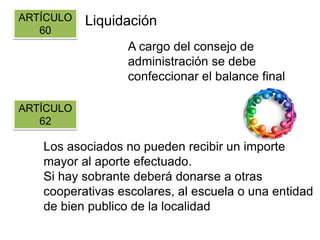 Liquidación
A cargo del consejo de
administración se debe
confeccionar el balance final
Los asociados no pueden recibir un importe
mayor al aporte efectuado.
Si hay sobrante deberá donarse a otras
cooperativas escolares, al escuela o una entidad
de bien publico de la localidad
ARTÍCULO
62
ARTÍCULO
60
 