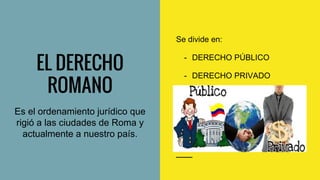 EL DERECHO
ROMANO
Es el ordenamiento jurídico que
rigió a las ciudades de Roma y
actualmente a nuestro país.
Se divide en:
- DERECHO PÚBLICO
- DERECHO PRIVADO
 