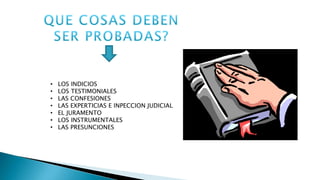 • LOS INDICIOS
• LOS TESTIMONIALES
• LAS CONFESIONES
• LAS EXPERTICIAS E INPECCION JUDICIAL
• EL JURAMENTO
• LOS INSTRUMENTALES
• LAS PRESUNCIONES
 