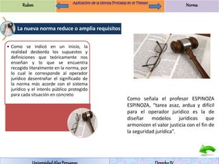 Ruben Norma 
La nueva norma reduce o amplia requisitos 
• Como se indicó en un inicio, la 
realidad desborda los supuestos y 
definiciones que teóricamente nos 
enseñan y lo que se encuentra 
recogido literalmente en la norma, por 
lo cual le corresponde al operador 
jurídico desentrañar el significado de 
la norma más acorde con el sistema 
jurídico y el interés público protegido 
para cada situación en concreto 
Como señala el profesor ESPINOZA 
ESPINOZA, “tarea asaz, ardua y difícil 
para el operador jurídico es la de 
diseñar modelos jurídicos que 
armonicen el valor justicia con el fin de 
la seguridad jurídica”. 
Universidad Alas Peruanas Derecho IV 
 
