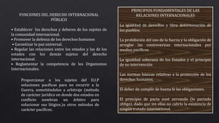 FUNCIONES DEL DERECHO INTERNACIONAL
PÚBLICO
• Establecer los derechos y deberes de los sujetos de
la comunidad internacional.
• Promover la defensa de los derechos humanos
• Garantizar la paz universal.
• Regular las relaciones entre los estados y las de los
estados con los demás sujetos del derecho
internacional.
• Reglamentar la competencia de los Organismos
Internacionales.
Proporcionar a los sujetos del D.I.P
soluciones pacíficas para no recurrir a la
Guerra, sometiéndolos a arbitraje (método
de carácter jurídico en donde dos estados en
conflicto nombran un árbitro para
solucionar sus litigios.)u otros métodos de
carácter pacíficos.
PRINCIPIOS FUNDAMENTALES DE LAS
RELACIONES INTERNACIONALES
La igualdad de derechos y libre determinación de
los pueblos.
La prohibición del uso de la fuerza y la obligación de
arreglar las controversias internacionales por
medios pacíficos
La igualdad soberana de los Estados y el principio
de no intervención
Las normas básicas relativas a la protección de los
derechos humanos.
El deber de cumplir de buena fe las obligaciones.
El principio de pacta sunt servanda (lo pactado
obliga), dado que sin ellas no cabría la existencia de
ningún tratado internacional.
 