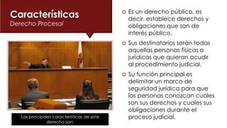 Características
Derecho Procesal
[Use este espacio para colocar la imagen que
mejor ilustre la idea principal del punto n.º 1]
 Es un derecho público, es
decir, establece derechos y
obligaciones que son de
interés público.
 Sus destinatarios serán todas
aquellas personas físicas o
jurídicas que quieran acudir
al procedimiento judicial.
 Su función principal es
delimitar un marco de
seguridad jurídica para que
las personas conozcan cuáles
son sus derechos y cuales sus
obligaciones durante el
proceso judicial.
Las principales características de este
derecho son:
 