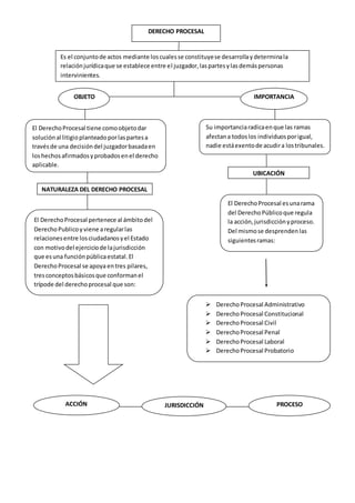  
 Derecho Procesal Administrativo 
 
 
 
DERECHO PROCESAL 
Es el conjunto de actos mediante los cuales se constituye se desarrolla y determina la 
relación jurídica que se establece entre el juzgador, las partes y las demás personas 
intervinientes. 
OBJETO IMPORTANCIA 
El Derecho Procesal tiene como objeto dar 
solución al litigio planteado por las partes a 
través de una decisión del juzgador basada en 
los hechos afirmados y probados en el derecho 
aplicable. 
Su importancia radica en que las ramas 
afectan a todos los individuos por igual, 
nadie está exento de acudir a los tribunales. 
NATURALEZA DEL DERECHO PROCESAL 
El Derecho Procesal pertenece al ámbito del 
Derecho Publico y viene a regular las 
relaciones entre los ciudadanos y el Estado 
con motivo del ejercicio de la jurisdicción 
que es una función pública estatal. El 
Derecho Procesal se apoya en tres pilares, 
tres conceptos básicos que conforman el 
trípode del derecho procesal que son: 
UBICACIÓN 
El Derecho Procesal es una rama 
del Derecho Público que regula 
la acción, jurisdicción y proceso. 
Del mismo se desprenden las 
siguientes ramas: 
 Derecho Procesal Administrativo 
 Derecho Procesal Constitucional 
 Derecho Procesal Civil 
 Derecho Procesal Penal 
 Derecho Procesal Laboral 
 Derecho Procesal Probatorio 
ACCIÓN JURISDICCIÓN PROCESO 
 