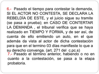 6.- Pasado el tiempo para contestar la demanda,
SI EL ACTOR NO CONTESTA, SE DECLARA LA
REBELDÍA DE ESTE, y el juicio sigue su tramite
(se pasa a prueba); en CASO DE CONTERTAR
LA DEMANDA , el tribunal verifica que se haya
realizado en TIEMPO Y FORMA, y de ser así, de
cuenta de ello emitiendo un auto, en el que
además da vista al actor de dicha contestación
para que en el termino 03 días manifieste lo que a
su derecho convenga. (art. 271 del c.pc.s)
7.- Pasado el término anterior, habiendo o no en
cuanto a la contestación, se pasa a la etapa
probatoria.
 
