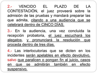 2.- VENCIDO EL PLAZO DE LA
CONTESTACIÓN, el juez proveerá sobre la
admisión de las pruebas y mandará preparar las
que admita, citando a una audiencia que se
celebrará dentro de CINCO DÍAS.
3.- En la audiencia, una vez concluida la
recepción probatoria, el juez escuchará los
alegatos, y pronunciará la resolución que
proceda dentro de tres días.
4.- Las interlocutorias que se dicten en los
incidentes serán apelables en efecto devolutivo,
salvo que paralicen o pongan fin al juicio, casos
en que se admitirán también en efecto
suspensivo.
 