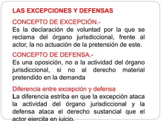 LAS EXCEPCIONES Y DEFENSAS
CONCEPTO DE EXCEPCIÓN.-
Es la declaración de voluntad por la que se
reclama del órgano jurisdiccional, frente al
actor, la no actuación de la pretensión de este.
CONCEPTO DE DEFENSA.-
Es una oposición, no a la actividad del órgano
jurisdiccional, si no al derecho material
pretendido en la demanda
Diferencia entre excepción y defensa
La diferencia estriba en que la excepción ataca
la actividad del órgano jurisdiccional y la
defensa ataca el derecho sustancial que el
 