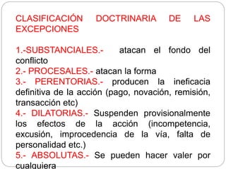 CLASIFICACIÓN DOCTRINARIA DE LAS
EXCEPCIONES
1.-SUBSTANCIALES.- atacan el fondo del
conflicto
2.- PROCESALES.- atacan la forma
3.- PERENTORIAS.- producen la ineficacia
definitiva de la acción (pago, novación, remisión,
transacción etc)
4.- DILATORIAS.- Suspenden provisionalmente
los efectos de la acción (incompetencia,
excusión, improcedencia de la vía, falta de
personalidad etc.)
5.- ABSOLUTAS.- Se pueden hacer valer por
cualquiera
 