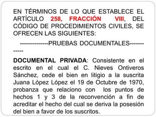 EN TÉRMINOS DE LO QUE ESTABLECE EL
ARTÍCULO 258, FRACCIÓN VIII, DEL
CÓDIGO DE PROCEDIMIENTOS CIVILES, SE
OFRECEN LAS SIGUIENTES:
--------------PRUEBAS DOCUMENTALES-------
-----
DOCUMENTAL PRIVADA: Consistente en el
escrito en el cual el C. Nieves Ontiveros
Sánchez, cede el bien en litigio a la suscrita
Juana López López el 19 de Octubre de 1970,
probanza que relaciono con los puntos de
hechos 1 y 3 de la reconvención a fin de
acreditar el hecho del cual se deriva la posesión
del bien a favor de los suscritos.
 