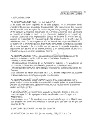 DERECHO PROCESAL CIVIL
GRUPO: DUARTE - ADORNO
32
7. RESPONSABILIDAD.
7.1. RESPONSABILIDAD CIVIL: Leer Art. lódelC.P.C.
Si se causa un daño ilegítimo, ni la cosa juzgada, ni la preclusión serán
impedimento para que se reclame la reparación y el r esarcimiento. Los recursos
son los medios para impugnar las decisiones judiciales y conseguir la reparación
de los agravios y perjuicios ocasionados en el proceso. En ciertos casos ya no será
el remedio apropiado, en razón de que el mandato judicial ya se cumplió. Ej.:
Medidas Cautelares; o es improcedente porque la decisión es irrecurrible (Ej.:
recurso de reposición). Ej: resoluciones de 2da. Instancia o de la C.S.J. que no
admiten recursos. En estos supuestos, el Juez incurrirá en responsabilidad civil p
or tratarse en la primera hipótesis de un hecho consumado, o porque la autoridad
de la cosa juzgada o la preclusión, en su caso en la segunda, impedirán la
reparación del agravio en el mismo proceso, y en consecuencia, el juez o el
tribunal; en su caso, es taran obligados a hacerlo.
7.2. RESPONSABILIDAD PENAL: los jueces tienen responsabilidad penal por la
comisión de hechos punibles tipificados en el Cód. Penal. Pueden ser:
-Hechos punibles comunes.
- Hechos punibles peculiares de los funcionarios público s. Ej.: producción de
documentos públicos de contenido falso, prevaricato, cohecho, exacción.
- Hechos punibles comunes, agravados por la calidad de funcionario público. Ej.:
falsedad.
Estas sanciones se hallan prescripta en el C.P.,, siendo competente los juzgados
ordinarios del fuero penal para entender en estos casos.
7.3. RESPONSABILIDAD DISCIPLINARIA: Aparte de su responsabilidad civil y
penal, los jueces están sometidos a responsabilidades disciplinarias, y que lo hacen
pasibles de amonestaciones, apercibimientos, multas y suspensiones a las que se
hallan sometidos por ley.
8. DESIGNACIÓN: Los miembros de juzgados y tribunales de toda la Rea., son
nombrados por la C.S.J. a propuesta de ternas elevadas por el Consejo de la
Magistratura.
Los miembros de la C.S.J. son designados a través del Consejo de la Magistratura
que propone las temas de candidatos al Senado para que éste los designe con
acuerdo del P.E.
9. INCOMPATIBILIDADES: Leer Art. 254 de la C.N.
10. REMOCIÓN: Leer Arts. 261 (primera parte), 225 y 253 de la C.N.
 