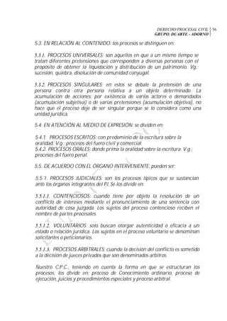 DERECHO PROCESAL CIVIL
GRUPO: DUARTE - ADORNO
56
5.3. EN RELACIÓN AL CONTENIDO: los procesos se distinguen en:
5.3.1. PROCESOS UNIVERSALES; son aquellos en que a un mismo tiempo se
tratan diferentes pretensiones que corresponden a diversas personas con el
propósito de obtener la liquidación y distribución de un patrimonio. Vg.:
sucesión, quiebra, disolución de comunidad conyugal.
5.3.2. PROCESOS SINGULARES: en estos se debate la pretensión de una
persona contra otra persona relativa a un objeto determinado. La
acumulación de acciones: por existencia de varios actores o demandados
(acumulación subjetiva) o de varias pretensiones (acumulación objetiva), no
hace que el proceso deje de ser singular porque se lo considera como una
unidad jurídica.
5.4. EN ATENCIÓN AL MEDIO DE EXPRESIÓN: se dividen en:
5.4.1. PROCESOS ESCRITOS: con predominio de la escritura sobre la
oralidad. V.g.: procesos del fuero civil y comercial.
5.4.2. PROCESOS ORALES: donde prima la oralidad sobre la escritura. V.g.:
procesos del fuero penal.
5.5. DE ACUERDO CON EL ÓRGANO INTERVENIENTE: pueden ser:
5.5.1. PROCESOS JUDICIALES: son los procesos típicos que se sustancian
ante los órganos integrantes del PJ. Se los divide en:
5.5.1.1. CONTENCIOSOS: cuando tiene por objeto la resolución de un
conflicto de intereses mediante el pronunciamiento de una sentencia con
autoridad de cosa juzgada. Los sujetos del proceso contencioso reciben el
nombre de partes procesales.
5.5.1.2. VOLUNTARIOS: solo buscan otorgar autenticidad o eficacia a un
estado o relación jurídica. Los sujetos en el proceso voluntario se denominan
solicitantes o peticionarios.
5.5.1.3. PROCESOS ARBITRALES: cuando la decisión del conflicto es sometido
a la decisión de jueces privados que son denominados arbitros.
Nuestro C.P.C., teniendo en cuenta la forma en que se estructuran los
procesos, los divide en: proceso de Conocimiento ordinario, proceso de
ejecución, juicios y procedimientos especiales y proceso arbitral.
 