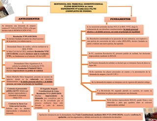 SENTENCIA DEL TRIBUNAL CONSTITUCIONAL
PLENO SENETCNIA 51/2022
EXPEDIENTE N°01985-2021-PA/TC
(CONFLICTO DE FONDO)
ANTECEDENTES FUNDAMENTOS
Se interpone una demanda de amparo
contra el 5° SALA CIVIL-CSJLI, a fin que
declare nula la RESOLUCIÓN N°02.
1.-La recurrente pretende declara NULA la RES. N°02, alega la
vulneración de sus derechos constitucionales (la tutela procesal
efectiva y al debido proceso, así como al principio de legalidad)
Resolución N°99 (4/05/2010)
Se declaro fundada en partes las observaciones
de la pericia y se ordena nuevo.
Demandado Banco de crédito, solicita nulidad de la
RES. N°099.
la Sala Civil de la CSLI, mediante Resolución N°02
(10/11/20210), resuelve declarar nula la resolución
N°99 y su fundamento es el articulo 143 de LOPJ.
Demandante Fibra Algodonera S.A.
solicita la nulidad de la resolución N°02.
RESUELVE: Resolución N°04(04/07/2011)
Declara improcedente su pedido de nulidad.
María Michelle More Sanguineti, presenta un recurso de
agravio, donde se ha vulnerado sus derechos
fundamentales, a la tutela procesal efectiva y al debido
proceso, así como al principio de legalidad.
2.- Resolución cuestionada es la ejecución de una sentencia, con respecto a
una pericia de conversión de intis a soles (RES.099), declaro fundada en
parte y realizar una nueva perica, fue apelada.
Contesta el procurador
público del PJ: Señala que
declare improcedente e
infundada la demanda
(fojas 137)
Contesta la Jueza Luz
Echevarría Gaviria.
Solicita que se declare
improcedente o infundada la
demanda.
El Segundo Juzgado
Constitucional de Lima.
Resolución N°13 (20/03/2019)
Declara improcedente la
demanda, por considerar que la
DDA no ha acreditado que el
proceso ordinario haya sido
llevado a cabo de manera
irregular.
Apelación interpuesta por la demandante: La 2°sala Constitucional, mediante RES N°23 (19/01/20219), resuelve confirma la
apelación, con los argumentos y debida motivación de vulneración de derechos
3.-TC, cuestiona Resolución 02, presento pedido de nulidad, fue declarado
improcedente mediante la RES.04.
9.-Se declara improcedente RES.02, quedo firme y con
discordia y para que quedara claro se convocó
improcedente nulidad.
4.-Presente demanda de nulidad, se declaró que se interpuso fuera de plazo (a
fojas 60).
5.-Se cuestiona los plazos procesales en cuanto a la presentación de la
demanda de amparo, (Art.45 C.PC.)
6.-La demanda de amparo se interpuso con la vigencia del anterior código.
7 y 8.-Articulo 44, segundo párrafo en cuestión, en cuanto se
determina los plazos para interponer una demanda.
 