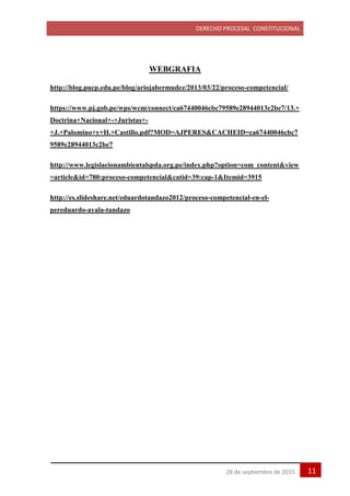 DERECHO PROCESAL CONSTITUCIONAL
1128 de septiembre de 2015
WEBGRAFIA
http://blog.pucp.edu.pe/blog/ariojabermudez/2013/03/22/proceso-competencial/
https://www.pj.gob.pe/wps/wcm/connect/ca67440046cbc79589e28944013c2be7/13.+
Doctrina+Nacional+-+Juristas+-
+J.+Palomino+y+H.+Castillo.pdf?MOD=AJPERES&CACHEID=ca67440046cbc7
9589e28944013c2be7
http://www.legislacionambientalspda.org.pe/index.php?option=com_content&view
=article&id=780:proceso-competencial&catid=39:cap-1&Itemid=3915
http://es.slideshare.net/eduardotandazo2012/proceso-competencial-en-el-
pereduardo-ayala-tandazo
 