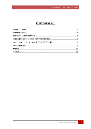 DERECHO PROCESAL CONSTITUCIONAL
328 de septiembre de 2015
INDICE GENERAL
DEDICATORIA:......................................................................................................................... 2
INTRODUCCIÓN....................................................................................................................... 4
PROCESO COMPETENCIAL ................................................................................................. 5
SOBRE LOS CONFLICTOS COMPETENCIALES.............................................................. 6
CLASES DE CONFLICTO DE COMPETENCIA ......................................................... 6
CONCLUSIONES....................................................................................................................... 9
ANEXOS....................................................................................................................................... 10
WEBGRAFIA............................................................................................................................ 11
 