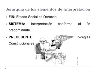 Jerarquía de los elementos de Interpretación
 FIN: Estado Social de Derecho.
 SISTEMA: Interpretación conforme al fin
predominante.
 PRECEDENTE: Obediencia a las sub-reglas
Constitucionales.
 