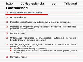 b.2.- Jurisprudencia del Tribunal
Constitucional
 Leyes de reforma constitucional
 Leyes orgánicas
 Decretos Legislativos: Ley autoritativa y materias delegables.
 Decretos de Urgencia: excepcionalidad, necesidad, transitoriedad,
generalidad y conexidad.
 Decretos Leyes
 Ordenanzas regionales y municipales: autonomía normativa-
Estado Unitario- principio de lealtad.
 Normas derogadas: Derogación diferente a inconstitucionalidad
(efectos). 2 supuestos:
 Norma continua desplegando efectos
 La sentencia puede alcanzar los efectos que la norma generó (penal o
tributaria)
 Normas conexas
 