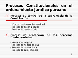 3
Procesos Constitucionales en el
ordenamiento jurídico peruano
A) Procesos de control de la supremacía de la
Constitución:
- Proceso de inconstitucionalidad
- Proceso de acción popular
- Proceso de competencia
A) Proceso de protección de los derechos
fundamentales:
- Proceso de amparo
- Proceso de habeas corpus
- Proceso de habeas data
- Proceso de cumplimiento
 