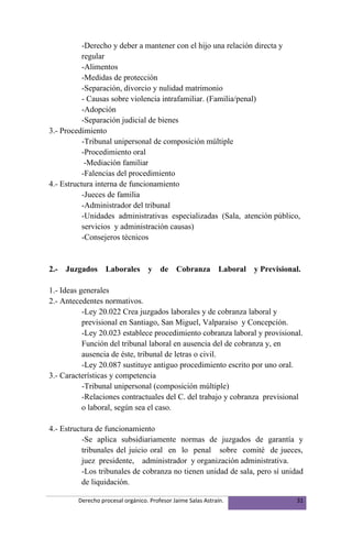 -Derecho y deber a mantener con el hijo una relación directa y
           regular
           -Alimentos
           -Medidas de protección
           -Separación, divorcio y nulidad matrimonio
           - Causas sobre violencia intrafamiliar. (Familia/penal)
           -Adopción
           -Separación judicial de bienes
3.- Procedimiento
           -Tribunal unipersonal de composición múltiple
           -Procedimiento oral
            -Mediación familiar
           -Falencias del procedimiento
4.- Estructura interna de funcionamiento
           -Jueces de familia
           -Administrador del tribunal
           -Unidades administrativas especializadas (Sala, atención público,
           servicios y administración causas)
           -Consejeros técnicos


2.-   Juzgados     Laborales       y    de    Cobranza        Laboral   y Previsional.

1.- Ideas generales
2.- Antecedentes normativos.
           -Ley 20.022 Crea juzgados laborales y de cobranza laboral y
           previsional en Santiago, San Miguel, Valparaíso y Concepción.
           -Ley 20.023 establece procedimiento cobranza laboral y provisional.
           Función del tribunal laboral en ausencia del de cobranza y, en
           ausencia de éste, tribunal de letras o civil.
           -Ley 20.087 sustituye antiguo procedimiento escrito por uno oral.
3.- Características y competencia
           -Tribunal unipersonal (composición múltiple)
           -Relaciones contractuales del C. del trabajo y cobranza previsional
           o laboral, según sea el caso.

4.- Estructura de funcionamiento
           -Se aplica subsidiariamente normas de juzgados de garantía y
           tribunales del juicio oral en lo penal sobre comité de jueces,
           juez presidente, administrador y organización administrativa.
           -Los tribunales de cobranza no tienen unidad de sala, pero sí unidad
           de liquidación.

         Derecho procesal orgánico. Profesor Jaime Salas Astraín.                   31
 
