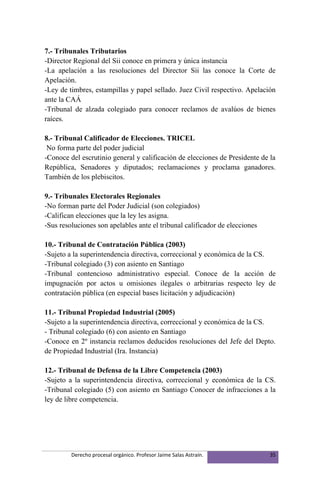 7.- Tribunales Tributarios
-Director Regional del Sii conoce en primera y única instancia
-La apelación a las resoluciones del Director Sii las conoce la Corte de
Apelación.
-Ley de timbres, estampillas y papel sellado. Juez Civil respectivo. Apelación
ante la CAÁ
-Tribunal de alzada colegiado para conocer reclamos de avalúos de bienes
raíces.

8.- Tribunal Calificador de Elecciones. TRICEL
 No forma parte del poder judicial
-Conoce del escrutinio general y calificación de elecciones de Presidente de la
República, Senadores y diputados; reclamaciones y proclama ganadores.
También de los plebiscitos.

9.- Tribunales Electorales Regionales
-No forman parte del Poder Judicial (son colegiados)
-Califican elecciones que la ley les asigna.
-Sus resoluciones son apelables ante el tribunal calificador de elecciones

10.- Tribunal de Contratación Pública (2003)
-Sujeto a la superintendencia directiva, correccional y económica de la CS.
-Tribunal colegiado (3) con asiento en Santiago
-Tribunal contencioso administrativo especial. Conoce de la acción de
impugnación por actos u omisiones ilegales o arbitrarias respecto ley de
contratación pública (en especial bases licitación y adjudicación)

11.- Tribunal Propiedad Industrial (2005)
-Sujeto a la superintendencia directiva, correccional y económica de la CS.
- Tribunal colegiado (6) con asiento en Santiago
-Conoce en 2º instancia reclamos deducidos resoluciones del Jefe del Depto.
de Propiedad Industrial (Ira. Instancia)

12.- Tribunal de Defensa de la Libre Competencia (2003)
-Sujeto a la superintendencia directiva, correccional y económica de la CS.
-Tribunal colegiado (5) con asiento en Santiago Conocer de infracciones a la
ley de libre competencia.




         Derecho procesal orgánico. Profesor Jaime Salas Astraín.            35
 