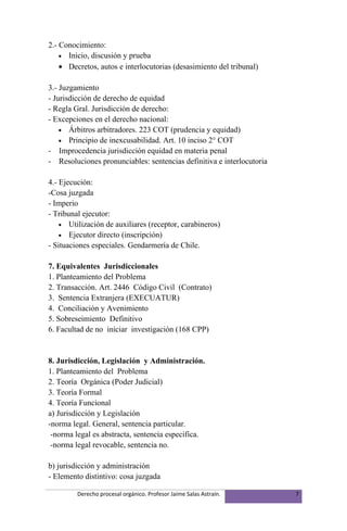 2.- Conocimiento:
    • Inicio, discusión y prueba
    • Decretos, autos e interlocutorias (desasimiento del tribunal)

3.- Juzgamiento
- Jurisdicción de derecho de equidad
- Regla Gral. Jurisdicción de derecho:
- Excepciones en el derecho nacional:
    • Árbitros arbitradores. 223 COT (prudencia y equidad)
    • Principio de inexcusabilidad. Art. 10 inciso 2° COT
- Improcedencia jurisdicción equidad en materia penal
- Resoluciones pronunciables: sentencias definitiva e interlocutoria

4.- Ejecución:
-Cosa juzgada
- Imperio
- Tribunal ejecutor:
    • Utilización de auxiliares (receptor, carabineros)
    • Ejecutor directo (inscripción)
- Situaciones especiales. Gendarmería de Chile.

7. Equivalentes Jurisdiccionales
1. Planteamiento del Problema
2. Transacción. Art. 2446 Código Civil (Contrato)
3. Sentencia Extranjera (EXECUATUR)
4. Conciliación y Avenimiento
5. Sobreseimiento Definitivo
6. Facultad de no iniciar investigación (168 CPP)


8. Jurisdicción, Legislación y Administración.
1. Planteamiento del Problema
2. Teoría Orgánica (Poder Judicial)
3. Teoría Formal
4. Teoría Funcional
a) Jurisdicción y Legislación
-norma legal. General, sentencia particular.
 -norma legal es abstracta, sentencia especifica.
 -norma legal revocable, sentencia no.

b) jurisdicción y administración
- Elemento distintivo: cosa juzgada

         Derecho procesal orgánico. Profesor Jaime Salas Astraín.      7
 