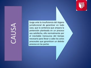 CAUSA
Surge ante la insuficiencia del órgano
jurisdiccional de garantizar en todo
caso, que la sentencia que ampara la
pretensión planteada en un proceso
sea satisfecha, ello normalmente por
el inevitable transcurso del tiempo
necesario para llevar a cabo los actos
procesales que garanticen un debido
proceso en las partes
 