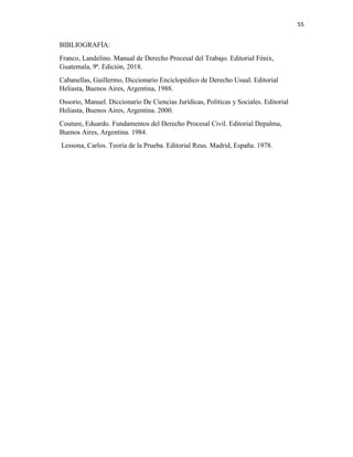 55
BIBLIOGRAFÍA:
Franco, Landelino. Manual de Derecho Procesal del Trabajo. Editorial Fénix,
Guatemala, 9ª. Edición, 2018.
Cabanellas, Guillermo, Diccionario Enciclopédico de Derecho Usual. Editorial
Heliasta, Buenos Aires, Argentina, 1988.
Ossorio, Manuel. Diccionario De Ciencias Jurídicas, Políticas y Sociales. Editorial
Heliasta, Buenos Aires, Argentina. 2000.
Couture, Eduardo. Fundamentos del Derecho Procesal Civil. Editorial Depalma,
Buenos Aires, Argentina. 1984.
Lessona, Carlos. Teoría de la Prueba. Editorial Reus. Madrid, España. 1978.
 