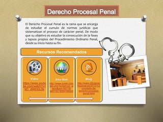 Video
https://www.youtu
be.com/watch?v=
9O_xNWIGL5k
Sitio Web
http://www.scielo.cl/sc
ielo.php?script=sci_ar
ttext&pid=S0718-
68512013000100020
Blog
http://www.infoderec
hopenal.es/2012/12/
concepto-de-
derecho-procesal-
penal.html
El Derecho Procesal Penal es la rama que se encarga
de estudiar el cumulo de normas jurídicas que
sistematizan el proceso de carácter penal. De modo
que su objetivo es estudiar la consecución de la fases
y lapsos propios del Procedimiento Ordinario Penal,
desde su inicio hasta su fin.
Recursos Recomendados
Derecho Procesal Penal by Victor Edumar Pinto Gómezis licensed under a Creative Commons Reconocimiento-NoComercial
4.0 Internacional License.
Creado a partir de la obra enhttp://es.slideshare.net/VctorEdumarPintoGmez/derecho-procesal-penal-60516526.
 