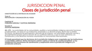 JURISDICCION PENAL
Clases de jurisdicción penal
CONSTITUCIÓN DE LA REPÚBLICA DEL ECUADOR
Título IV
PARTICIPACIÓN Y ORGANIZACIÓN DEL PODER
Capítulo IV
FUNCIÓN JUDICIAL Y JUSTICIA INDÍGENA
Sección II
JUSTICIA INDÍGENA
Art. 171.- Las autoridades de las comunidades, pueblos y nacionalidades indígenas ejercerán funciones
jurisdiccionales, con base en sus tradiciones ancestrales y su derecho propio, dentro de su ámbito
territorial, con garantía de participación y decisión de las mujeres. Las autoridades aplicarán normas y
procedimientos propios para la solución de sus conflictos internos, y que no sean contrarios a la
Constitución y a los derechos humanos reconocidos en instrumentos internacionales.
El Estado garantizará que las decisiones de la jurisdicción indígena sean respetadas por las instituciones
y autoridades públicas. Dichas decisiones estarán sujetas al control de constitucionalidad. La ley
establecerá los mecanismos de coordinación y cooperación entre la jurisdicción indígena y la
jurisdicción ordinaria.
 