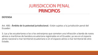 JURISDICCION PENAL
PRINCIPIOS
DEFENSA
Art. 400.- Ámbito de la potestad jurisdiccional.- Están sujetos a la jurisdicción penal del
Ecuador:
3. Las y los ecuatorianos o las o los extranjeros que cometen una infracción a bordo de naves
aéreas o marítimas de bandera ecuatoriana registradas en el Ecuador, ya sea en el espacio
aéreo nacional o mar territorial ecuatoriano o en el espacio aéreo o mar territorial de otro
Estado.
 
