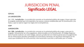 JURISDICCION PENAL
Significado LEGAL
COFUJU
LA JURISDICCIÓN
Art. 150.- Jurisdicción.- La jurisdicción consiste en la potestad pública de juzgar y hacer ejecutar
lo juzgado, potestad que corresponde a las juezas y jueces establecidos por la Constitución y las
leyes, y que se ejerce según las reglas de la competencia.
COIP
JURISDICCIÓN
Art. 398.- Jurisdicción.- La jurisdicción consiste en la potestad pública de juzgar y ejecutar lo
juzgado. Únicamente las y los juzgadores, determinados en la Constitución, el Código Orgánico
de la Función Judicial y en este Código, ejercen jurisdicción en materia penal para el juzgamiento
de las infracciones penales cometidas en el territorio nacional y en territorio extranjero en los
casos que establecen los instrumentos internacionales suscritos y ratificados por el Estado.
 