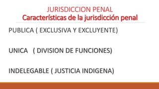 JURISDICCION PENAL
Características de la jurisdicción penal
PUBLICA ( EXCLUSIVA Y EXCLUYENTE)
UNICA ( DIVISION DE FUNCIONES)
INDELEGABLE ( JUSTICIA INDIGENA)
 