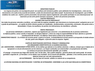 MINISTERIO PUBLICO
Los órganos de policía de investigación penal son auxiliares del ministerio publico para adelantar las investigaciones , estos son los
funcionarios a lo cuales la ley acuerda tal carácter y todo otro funcionario que deba cumplir las funciones de investigación que el COPP;
establece las cuales son : Sujetos y partes procesales; Son personas capaces legalmente para poder participar en una relacionprocesal de
unproceso ya sea como parte esencial o accesoria , es decir son procesos procesales
SUJETOS PROCESALES
QUIENES SON SUJETOS PROCESALES?
Son todas las personas naturales o juridicas , asi como todo los organos estadales que intervienen en el proceso penal cualquiera sea su rol
o grado de participacion ., en sujetos de dicha relacion pueden ser clasificados , fundamentales, connaturales, eventuales .(las partes actor y
demandado ) El juez, los auxiliares, los peritos ,los intervertores, los martilleros y fiscales.
PARTES PROCESALES :
Las personas individuales o colectivas ; capaces que legalmente que concurren a la substantacion de un proceso contencioso .
La defenza publica ; actua cuando el imputado no designa defensor y tiene asu cargo la responsabilidad de hacer efectivo su garantia
constitucional del derecho a la defensa hasta tanto se dicte la ley respectiva .
ElMINISTERIO PUBLICO : Es el titular de la accion penal y parte en el juicio , la titularidad de la accion penal le corresponde al estado atraves
de este, quien esta obligado a ejercerla salvo la ecepcion legales .
CUEPO DE INVESTIGACION CIENTIFICAS PENALES Y CRIMINALISTAS
LOS ORGANISMO COMPETENTES DE LA GUARDIA NACIONAL.
LAS ASOCIACIONES , FUNDACIONESY OTROS ENTES ; En los delitos que afectan en los delitos colectivos o difusos, siempre que el objeto de la
agrupacion se vincule directamente con los intereses y se hayan costituidos con anterioridad a la perpetracion del delito.
La victima es la persona directamente ofendida por el delito.
El conyuge o la persona que haga vida marital mas de dos años , hijo o padre adoptivo , pariente dentro del cuarto grado de consan
guinidad o segundo de y al heredero en los delitos cuyo resultado sea la muerte del ofendido. , afinidad ; Si las victimas fueran varias
deberan actuar por una sola representacion.
LAS AUTORIDADES : Que las leyes de transito señalen en materia de su competencia.
LA OFICINA NACIONAL DE IDENTIFICACION Y CONTROL DE EXTRANJEROS CONFORME A LAS LEYES QUE REGULAN SU COMPETENCIA
 