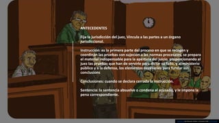 ANTECEDENTES
Fija la jurisdicción del juez, Vincula a las partes a un órgano
jurisdiccional.
Instrucción: es la primera parte del proceso en que se recogen y
coordinan las pruebas con sujeción a las normas procesales, se prepara
el material indispensable para la apertura del juicio, proporcionando al
juez las pruebas que han de servirle para dictar su fallo, y al ministerio
público y a la defensa, los elementos necesarios para fundar sus
conclusions
Conclusiones: cuando se declara cerrada la instrucción.
Sentencia: la sentencia absuelve o condena al acusado, y le impone la
pena correspondiente.
This Photo by Unknown Author is licensed under CC BY-SA-NC
 
