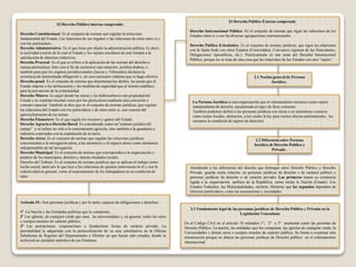 El Derecho Público interno comprende:
Derecho Constitucional: Es el conjunto de normas que regulan la estructura
fundamental del Estado. Las funciones de sus organos y las relaciones de estos entre si y
con los particulares.
Derecho Administrativo: Es el que tiene por objeto la administración pública. Es decir,
la actividad a través de la cual el Estado y los sujetos auxiliares de este tienden a la
satisfacción de intereses colectivos.
Derecho Procesal: Es el que se refiere a la aplicación de las normas del derecho a
causas particulares, bien con el fin de esclarecer una situación jurídica dudosa, o
también para que los organos jurisdiccionales (Jueces y Tribunales) declaren la
existencia de determinada obligación y, en caso necesario ordenen que se haga efectiva.
Derecho penal: Es el conjunto de normas que determinan los delitos, las penas que el
Estado impone a los delincuentes y las medidas de seguridad que el mismo establece
para la prevención de la criminalidad.
Derecho Minero: Es aquel donde las minas y los hidrocarburos son propiedad del
Estado y se explotan muchas veces por los particulares mediante una concesión o
contrato especial. También se dice que es el conjunto de normas jurídicas, que regulan
las relaciones del Estado con los particulares y de estos entre si, con ocasión del
aprovechamiento de las minas.
Derecho Financiero: Es el que regula los recursos y gastos del Estado.
Derecho Agrario o Derecho Rural: Es considerado como un”estatuto jurídico del
campo” y se refiere no solo a lo estrictamente agrícola, sino también a la ganadería e
industria conectadas con la explotación de la tierra.
Derecho Aéreo: Es el conjunto de normas que regulan las relaciones jurídicas
concernientes a la navegación aérea, a las aeronaves y al espacio aéreo como elementos
indispensables de tal navegación.
Derecho Municipal: Es el conjunto de normas que corresponden a la organización y
poderes de los municipios, distritos y demás entidades locales.
Derecho del Trabajo: Es el conjunto de normas jurídicas que se aplican al trabajo como
hecho social, tanto por lo que toca a las relaciones de quienes intervienen en él y con la
colectividad en general, como al mejoramiento de los trabajadores en su condición de
tales.
El Derecho Público Externo comprende:
Derecho Internacional Público: Es el conjunto de normas que rigen las relaciones de los
Estados entre sí o con las diversas agrupaciones internacionales.
Derecho Público Eclesiástico: Es el conjunto de normas jurídicas, que rigen las relaciones
con la Santa Sede con otros Estados (Concordatos, Convenios régimen de las Nunciaturas,
Delegaciones Apostólicas, etc.). Prácticamente es una rama del Derecho Internacional
Público, porque no se trata de otra cosa que las relaciones de los Estados con otro “sujeto”.
Atendiendo a las diferencias del derecho que distingue entre Derecho Público y Derecho
Privado, guarda cierta relación, en personas jurídicas de derecho o de carácter público y
personas jurídicas de derecho o de carácter privado; Las primeras tienen su existencia
ligada a la organización política de la República, como serian la Nación (Estado). Los
Estados Federales, las Municipalidades, etcétera; Mientras que las segundas dependen de
intereses particulares, como las asociaciones y sociedades.
.
2.2 Diferencia entre Persona
Jurídica de Derecho Publico y
Privado .
3.1 Fundamento legal de las personas jurídicas de Derecho Público y Privado en la
Legislación Venezolano
En el Código Civil en el artículo 19 ordinales 1°, 2° y 3° enumeran como las personas de
Derecho Público. La nación, las entidades que los componen, las iglesias de cualquier credo, la
Universidades y demás seres o cuerpos morales de carácter público. Se limita a examinar esta
enumeración porque no abarca las personas jurídicas de Derecho público en el ordenamiento
internacional.
Artículo 19.- Son personas jurídicas y por lo tanto, capaces de obligaciones y derechos:
1º La Nación y las Entidades políticas que la componen;
2º Las iglesias, de cualquier credo que sean, las universidades y, en general, todos los seres
o cuerpos morales de carácter público;
3º Las asociaciones, corporaciones y fundaciones lícitas de carácter privado. La
personalidad la adquirirán con la protocolización de su acta constitutiva en la Oficina
Subalterna de Registro del Departamento o Distrito en que hayan sido creadas, donde se
archivará un ejemplar auténtico de sus Estatutos.
2.1 Noción general de Persona
Jurídica .
La Persona Jurídica es una organización que el ordenamiento reconoce como sujeto
independiente de derecho, encaminada al logro de fines comunes.
También podemos definir a las personas jurídicas con miras a su naturaleza o esencia
como (entes irreales, abstractos, a los cuales la ley para ciertos efectos patrimoniales, les
reconoce la condición de sujetos de derecho).
 