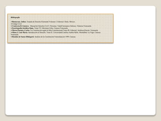 Bibliografía
Bonnecase. Julien. Tratado de Derecho Elemental Volumen 1 Editorial Harla. México.
Código Civil
Contreras B. Gustavo. Manual de Derecho Civil I: Personas. Vadell hermanos Editores, Valencia Venezuela.
Enciclopedia Jurídica Opus. Tomo VI. Ediciones Libra. Caracas Venezuela.
Moros Puentes. Carlos. La Constitución según la Sala Constitucional Tomo III. Editorial Jurídicas Rincón. Venezuela
Olaso J. Luis María Introducción al Derecho. Tomo II. Universidad Católica Andrés Bello. Montalbán. La Vega. Caracas
Venezuela.
Rondón de Sanso Hildegard. Análisis de la Constitución Venezolana de 1999. Caracas.
 